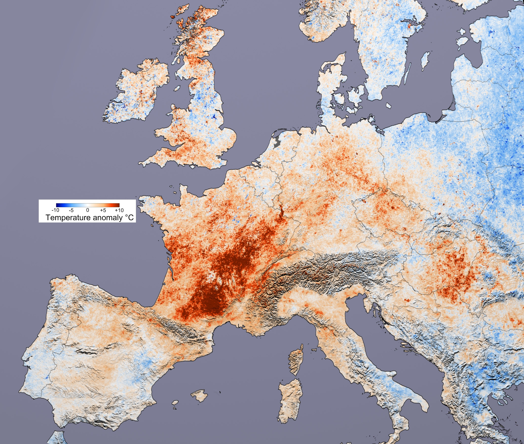 Carte des anomalies de température en Europe lors de la canicule de 2003